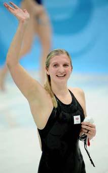 Rebecca Adlington of Great Britain waves during the final of women's 800m freestyle at the Beijing 2008 Olympic Games in the National Aquatics Center, also known as the Water Cube in Beijing, China, Aug. 16, 2008. Rebecca Adlington won the gold medal in a new world record with 8 minutes 14.10 seconds. (Xinhua/Chen Kai)