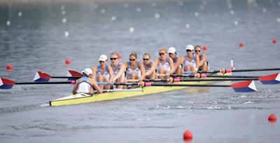 Erin Cafaro, Lindsay Shoop, Anna Goodale, Elle Logan, Anne Cummins, Susan Francia, Caroline Lind, Caryn Davies, Mary Whipple of the U.S. row strokes during Women's Eight Final A of Beijing 2008 Olympic Games rowing event at Shunyi Rowing-Canoeing Park in Beijing, China, Aug. 17, 2008. The U.S. team won the gold medal of the event. (Xinhua Photo)