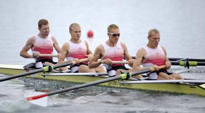 Thomas Ebert, Morten Joergensen, Mads Christian Kruse Andersen and Eskild Balschmidt Ebbesen of Denmark row strokes during LWT Men's Four Final A of Beijing 2008 Olympic Games rowing event at Shunyi Rowing-Canoeing Park in Beijing, China, Aug. 17, 2008. The Denish team won the gold medal of the event. (Xinhua Photo)