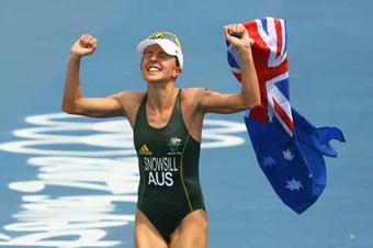 Emma Snowsill celebrates victory.