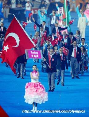 Members of the Paralympic Delegation of Turkey parade into the National Stadium during the opening ceremony of the Beijing 2008 Paralympic Games in Beijing, China, Sept. 6, 2008. (Xinhua photo)