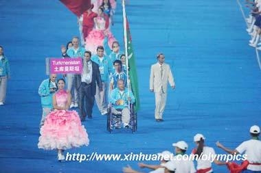 Members of the Paralympic Delegation of Turkmenistan parade into the National Stadium during the opening ceremony of the Beijing 2008 Paralympic Games in Beijing, China, Sept. 6, 2008. (Xinhua photo)