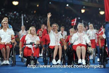 Members of the Paralympic Delegation of Denmark parade into the National Stadium during the opening ceremony of the Beijing 2008 Paralympic Games in Beijing, China, Sept. 6, 2008. (Xinhua photo)