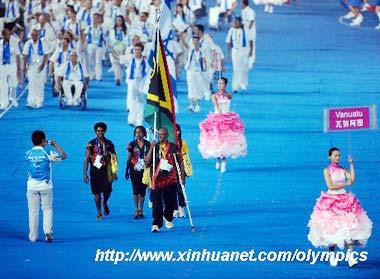 Members of the Paralympic Delegation of Vanuatu parade into the National Stadium during the opening ceremony of the Beijing 2008 Paralympic Games in Beijing, China, Sept. 6, 2008. (Xinhua photo)