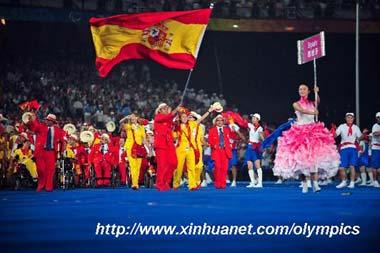 Members of the Paralympic Delegation of Spain parade into the National Stadium during the opening ceremony of the Beijing 2008 Paralympic Games in Beijing, China, Sept. 6, 2008. (Xinhua photo)