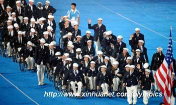 Members of the Paralympic Delegation of the United States parade into the National Stadium during the opening ceremony of the Beijing 2008 Paralympic Games in Beijing, China, Sept. 6, 2008. (Xinhua/Yang Shiyao)