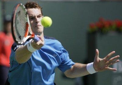 Andy Murray, of Britain, returns a volley from Paul-Henri Mathieu, of France, during a match at the BNP Paribas Open tennis tournament, Monday, March 16, 2009, in Indian Wells, Calif. Murray won 6-3, 6-2.(AP Photo/Matt Slocum) 