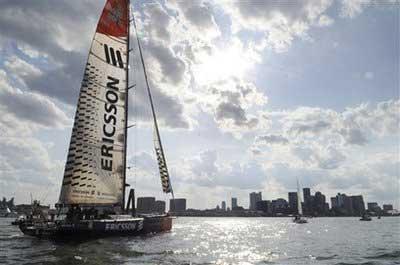 Ericsson 4, approaches the finish line of Leg 6 during the Volvo Ocean Race, Sunday, April 26, 2009 in Boston. There are seven Volvo Open 70 class boats participating in 10 legs of the around the world race. Ericsson 4 was the winner of Leg 6 to Boston.(AP Photo/Lisa Poole) 