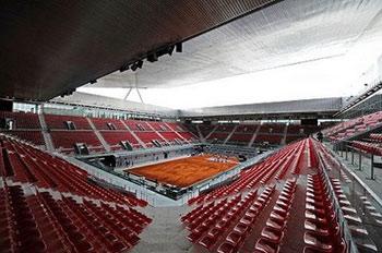 A view in Madrid of the Magic Box (La Caja Magica) arena by French architect Dominique Perrault, newly built to host the Madrid Combined Tennis Tournament which will take place from May 08 to 17,2009.AFP/Javier Soriano) 