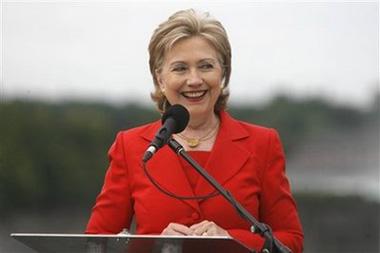 U.S. Secretary of State Hillary Rodham Clinton speaks in the center of the Rainbow Bridge which connects the USA with Canada at Niagara Falls, N.Y. on Saturday June 13, 2009.(AP Photo/Robert Kirkham)