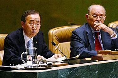 President of the General Assembly of the United Nations Miguel d'Escoto Brockman (R) listens as United Nations Secretary-General Ban Ki-moon (L) opens the United Nations conference on the World Financial and Economic Crisis at the United Nations in New York City.(AFP/Getty Images/Chris Mcgrath)