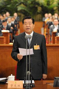 Jia Qinglin, chairman of the National Committee of the Chinese People's Political Consultative Conference (CPPCC), presides over the closing meeting of the First Session of 11th CPPCC National Committee at the Great Hall of the People in Beijing, capital of China, March 14, 2008. (Xinhua Photo)