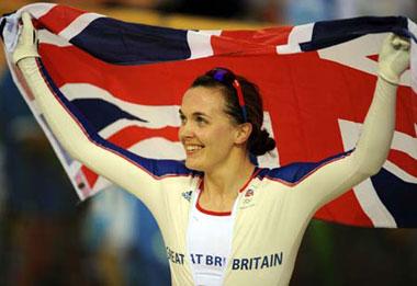 Victoria Pendleton of Great Britain celebrates with the national flag after winning in the Women's Sprint Finals of the cycling-track event during the Beijing 2008 Olympic Games at the Laoshan Velodrome in Beijing, China, Aug. 19, 2008. Victoria Pendleton of Great Britain won the gold medal. (Xinhua/Gaesang Dawa)