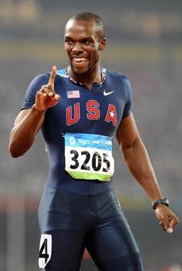 LaShawn Merritt of the United States gestures after the men's 400m final at the National Stadium, also known as the Bird's Nest, during Beijing 2008 Olympic Games in Beijing, China, Aug. 21, 2008. LaShawn Merritt won the title with 43.75 seconds. (Xinhua Photo)