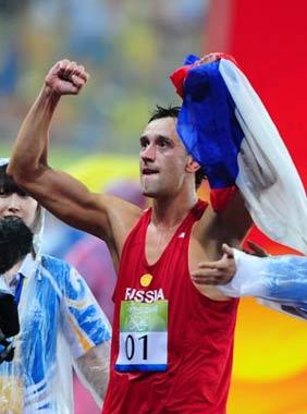 Andrey Moiseev of Russia celebrates after winning the gold medal of the men's modern pentathlon of the Beijing 2008 Olympic Games in Beijing,China,Aug.21,2008