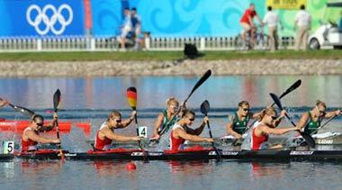 Fanny Fischer, Nicole Reinhardt, Katrin Wagner-Augustin, Conny Wassmuth of Germany compete in the Kayak four (K4) 500m women final of Beijing 2008 Olympic Games Canoe/Kayak Flatwater event in Beijing, China, Aug. 22, 2008. The team of Germany clinched the gold medal in this event with a time of 1:32.231. (Xinhua/Jiang Enyu)
