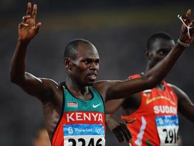 Wilfred Bungei of Kenya celebrates after the men's 800m final at the National Stadium, also known as the Bird's Nest, during Beijing 2008 Olympic Games in Beijing, China, Aug. 23, 2008. Wilfred Bungei won the title with 1:44.65.(Xinhua Photo)
