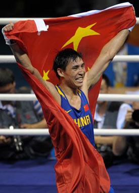 Zhang Xiaoping of China celebrates after defeating Kenny Egan of Ireland at the men’s light heavy (81kg) final bout at Beijing 2008 Olympic Games boxing event at Worker’s Gymnasium in Beijing, China, Aug. 24, 2008. Zhang Xiaoping won the gold medal of the event. (Xinhua Photo)