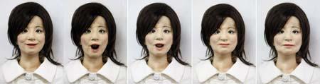 A combination photo shows a humanoid robot named "Saya" making facial expressions as she takes on a role as a school teacher, during a demonstration at an elementary school in Tokyo May 7, 2009. The robot, developed by the Tokyo University of Science professor Hiroshi Kobayashi, which can speak different languages and make facial expressions with motors inside her face. Saya is seen making the expressions (From L to R) happiness, surprise, anger, disgust and fear.(Xinhua/Reuters Photo)