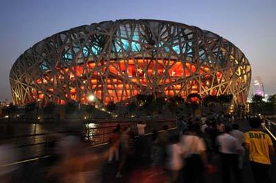 Photo taken on Aug. 5, 2008 shows the National Stadium, nicknamed the Bird's Nest, in the evening in Beijing, China. Beijing witnessed a fine weather Tuesday. (Xinhua/Guo Lei)