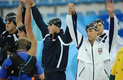 US swimmers gesture before the men's 4x100m medley relay final at the Beijing 2008 Olympic Games in the National Aquatics Center, also known as the Water Cube in Beijing, China, Aug. 17, 2008. US swimmers set a new world record and won the gold medal in the event with 3 minutes 29.34 seconds.(Xinhua Photo)