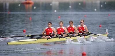 Konrad Wasielewski, Marek Kolbowicz, Michal Jelinski and Adam Korol of Poland scull strokes during Men's Quadruple Sculls Final A of Beijing 2008 Olympic Games rowing event at Shunyi Rowing-Canoeing Park in Beijing, China, Aug. 17, 2008. The Polish team won the gold medal of the event.(Xinhua/Wu Xiaoling)