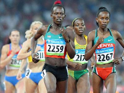 Pamela Jelimo (Front, L) of Kenya competes during the women's 800m final at the National Stadium, also known as the Bird's Nest, during Beijing 2008 Olympic Games in Beijing, China, Aug. 18, 2008. Pamela Jelimo won the gold. (Xinhua/Guo Dayue)