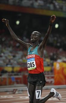 Brimin Kiprop Kipruto of Kenya celebrates after the men's 3000m steeplechase final at the National Stadium, also known as the Bird's Nest, during Beijing 2008 Olympic Games in Beijing, China, Aug. 18, 2008. Brimin Kiprop Kipruto won the gold.(Xinhua Photo)