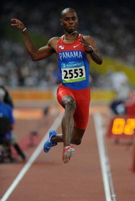 Irving Jahir Saladino Aranda of Panama competes during the men's long jump final at the National Stadium, also known as the Bird's Nest, during Beijing 2008 Olympic Games in Beijing, China, Aug. 18, 2008. Irving Jahir Saladino Aranda won the gold. (Xinhua Photo)