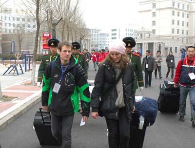 Members of Germany Universiade delegation walk into the Athletes Village of the 24th Winter Universiade in Harbin, capital city of northeast China's Heilongjiang Province, Feb. 12, 2009. Germany Universiade delegation, the first of delegations to the 24th Winter Universiade, arrived at the athletes village on Thursday. The game will kick off on Feb. 18, 2009. (Xinhua/Wang Song)