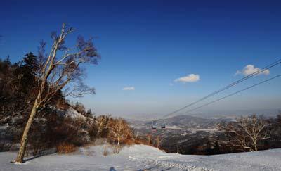 Cable cars run down the hill in the Yabuli Ski Resort, 195km southeast away from Harbin City, capital of northeast China's Heilongjiang Province, Feb 17, 2009. (Xinhua/Wang Jianwei)