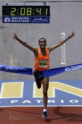 Ethiopia's Deriba Merga won the 113th Boston Marathon, crossing the finish line almost a full minute ahead of his nearest competitor.