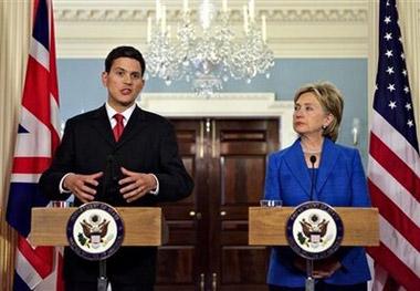 Secretary of State Hillary Rodham Clinton and British Foreign Secretary David Miliband take part in a joint news conference at the State Department in Washington, Wednesday, July 29, 2009.(AP Photo/J. Scott Applewhite)