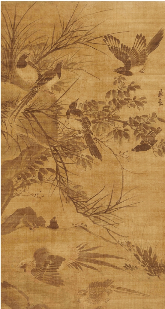 明 林良 秋坡集禽圖 155.4×82.3cm 軸 絹本 設色