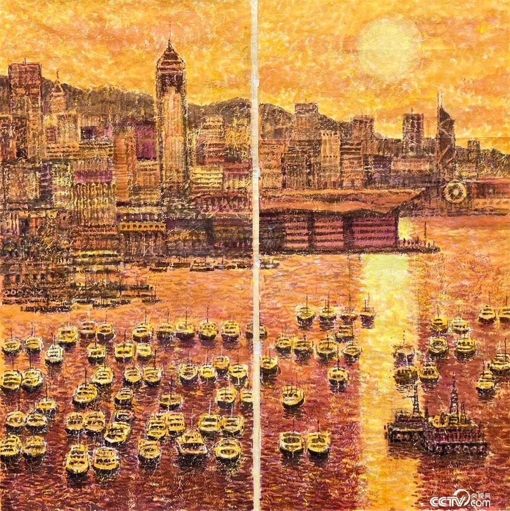 [中國香港]沈平《金色的港灣》  中國畫  140厘米×140厘米  2022