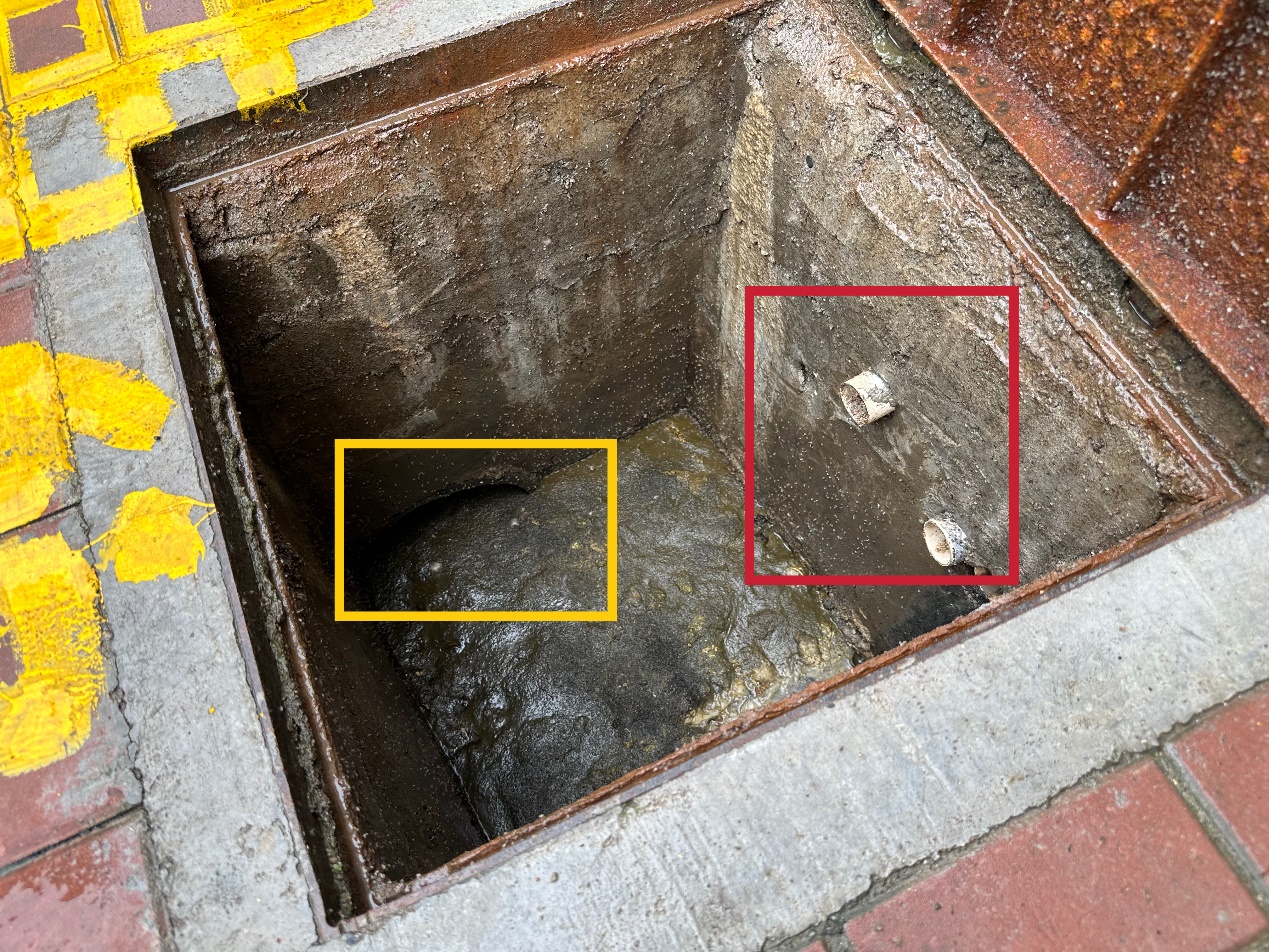 個別污水井內，單元管道的出口端埋在污泥下，位置低於黃框內的主管道；圖中紅框內白色管口為居民自費從廚房新引的排水管，位置高於主管道，可以實現“水往低處流” （記者韓雪瑩 攝）