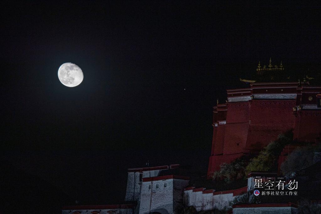 2022年11月11日晚在拉薩布達拉宮附近拍攝的火星合月。新華社記者孫非 攝