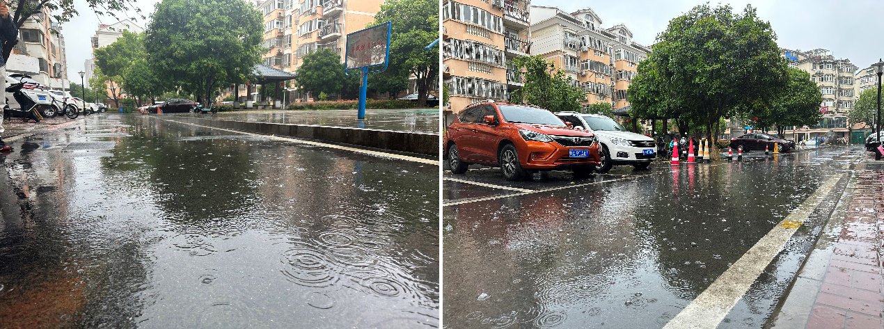 下雨時，小區瀝青路面積水嚴重（記者韓雪瑩 攝）
