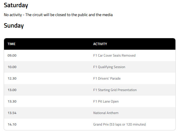 F1官網關於更改後安排的截圖