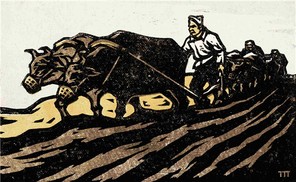 牛犋變工隊（版畫）    11.4×18.8厘米    1943年    胡一川    中國美術館藏