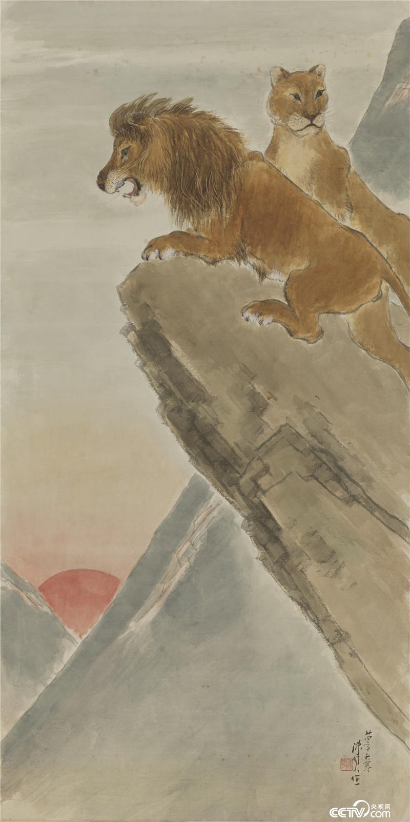 落日雙獅  陳樹人 1935年 172.8×86.4cm  紙本設色  