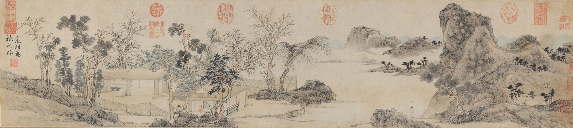 林榭煎茶圖卷 天津博物館藏 文徵明 明 25.7×114.9cm 紙本設色