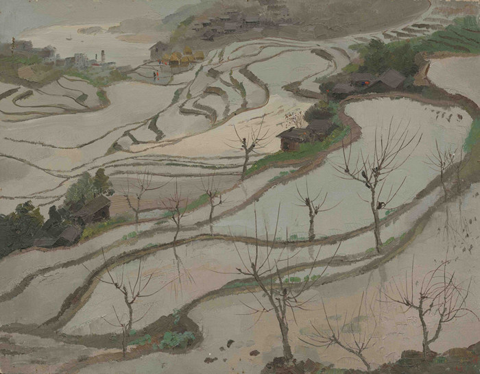 水田（一），吳冠中，木板油畫，1973年，47cm×60cm