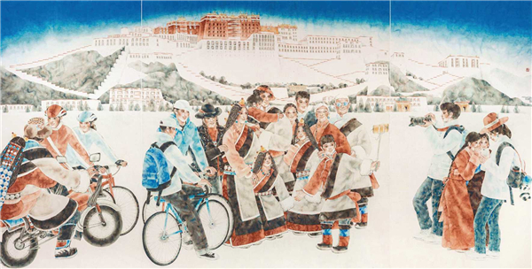 幸福西藏（國畫） 190×375厘米 2019年 潘纓 崔亞魯 王旭冉 王元 中國美術館藏