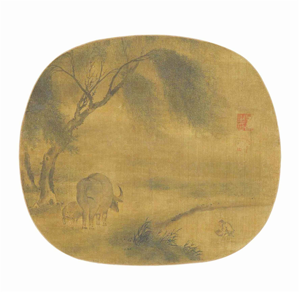 柳下雙牛紈扇（國畫）  宋   佚名  上海博物館藏