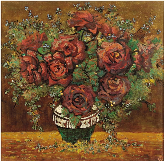 黃裳 玫瑰與霞草 50×50cm　漆畫　1980年 中國美術學院美術館藏