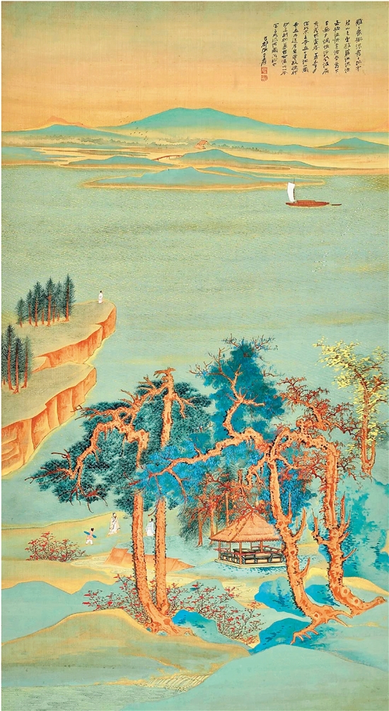 張大千 倣王希孟千里江山圖 133.6×72.8cm 設色絹本 立軸 1947年作 成交價370,495,000港幣