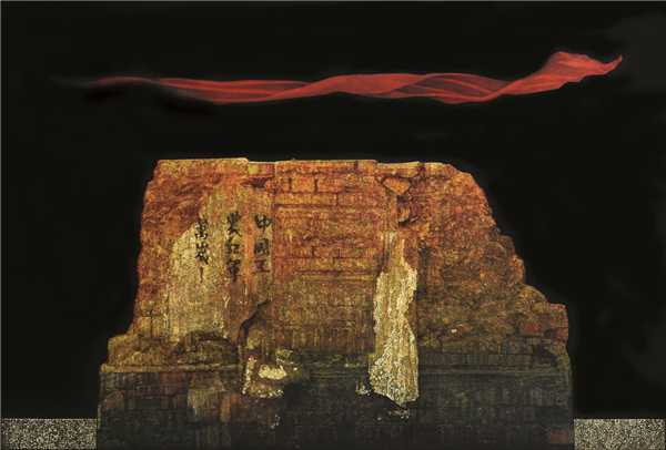 ▲ 《紅飄帶》（漆畫）  120×180厘米  2016年  鄭智精  福建省美術館藏