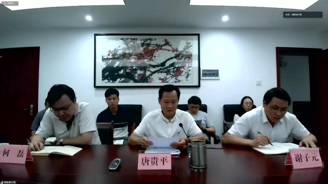 湖南省文聯黨組成員、副主席唐貴平通過“文藝雲•在線視頻會議培訓系統”做經驗交流。
