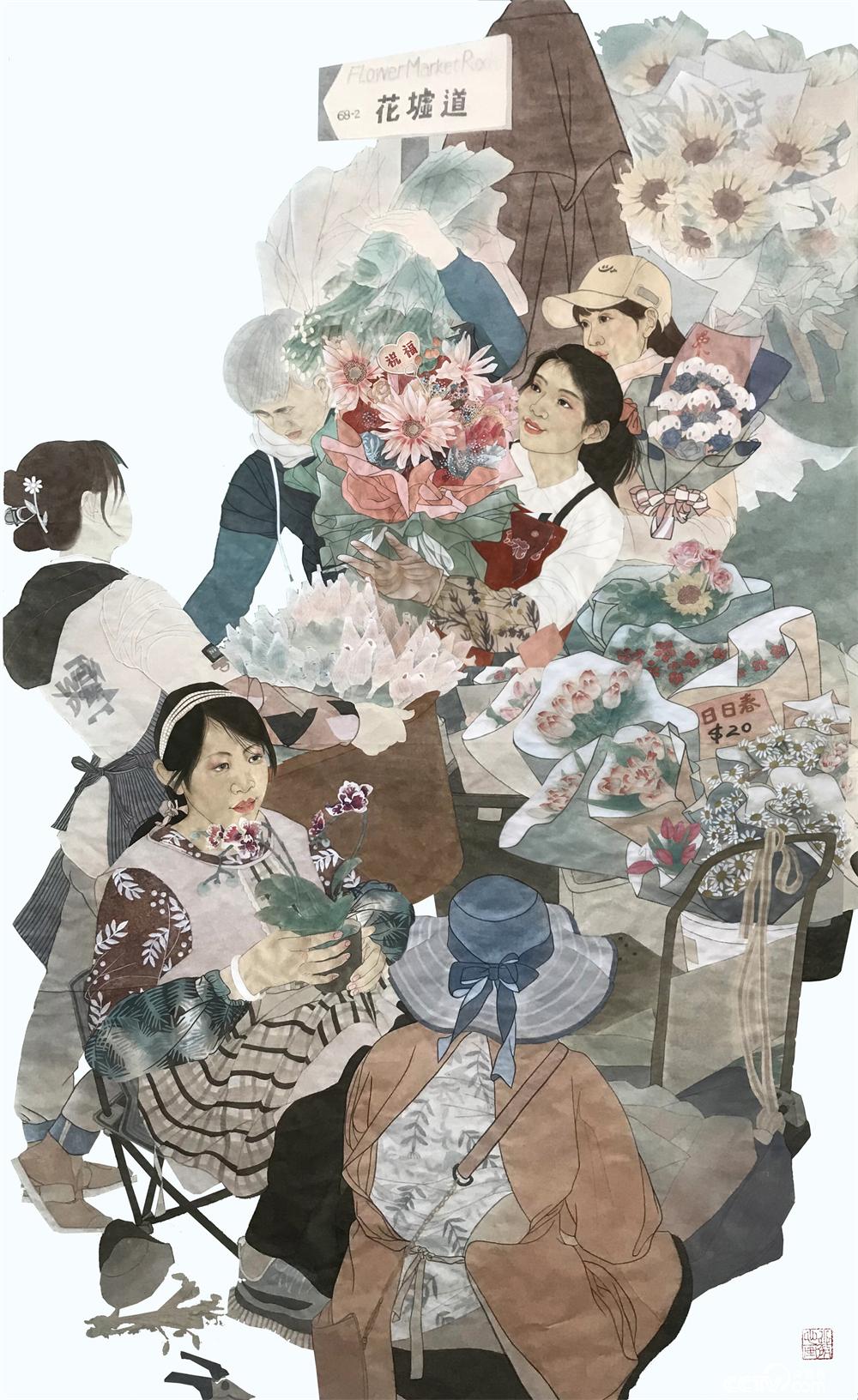 劉洋之龍、楊小薇《旺角花墟春意濃》  中國畫  200厘米×140厘米  2022